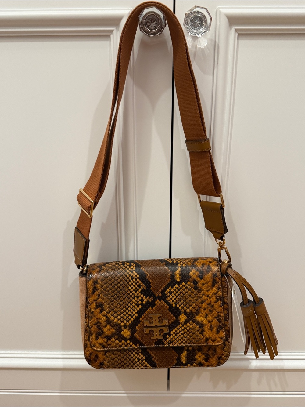 Tory Burch Tan and Brown Snake-Print Crossbody Bag